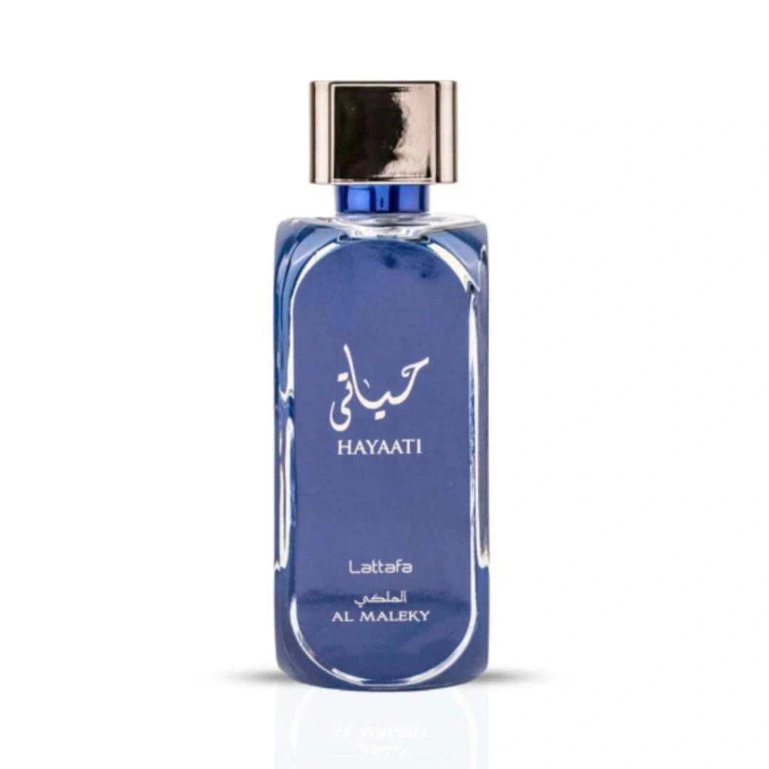 Lattafa Hayaati Al Maleky Eau de Parfum spray in a 100ml bottle, with velvet pouch, showcasing elegant floral and oriental fragrance notes.