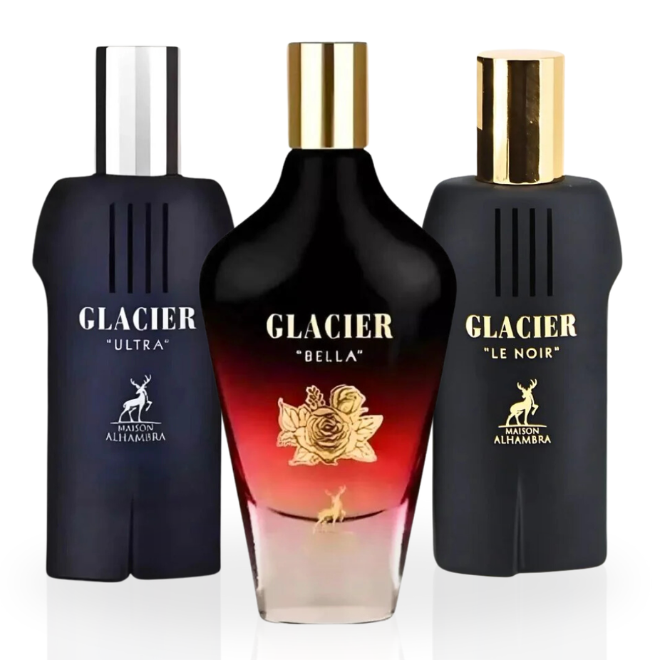 Glacier Le Noir, Ultra & Bella Eau de Parfum sprays by Maison Alhambra in 100ml bottles, featuring elegant packaging and bottle designs.