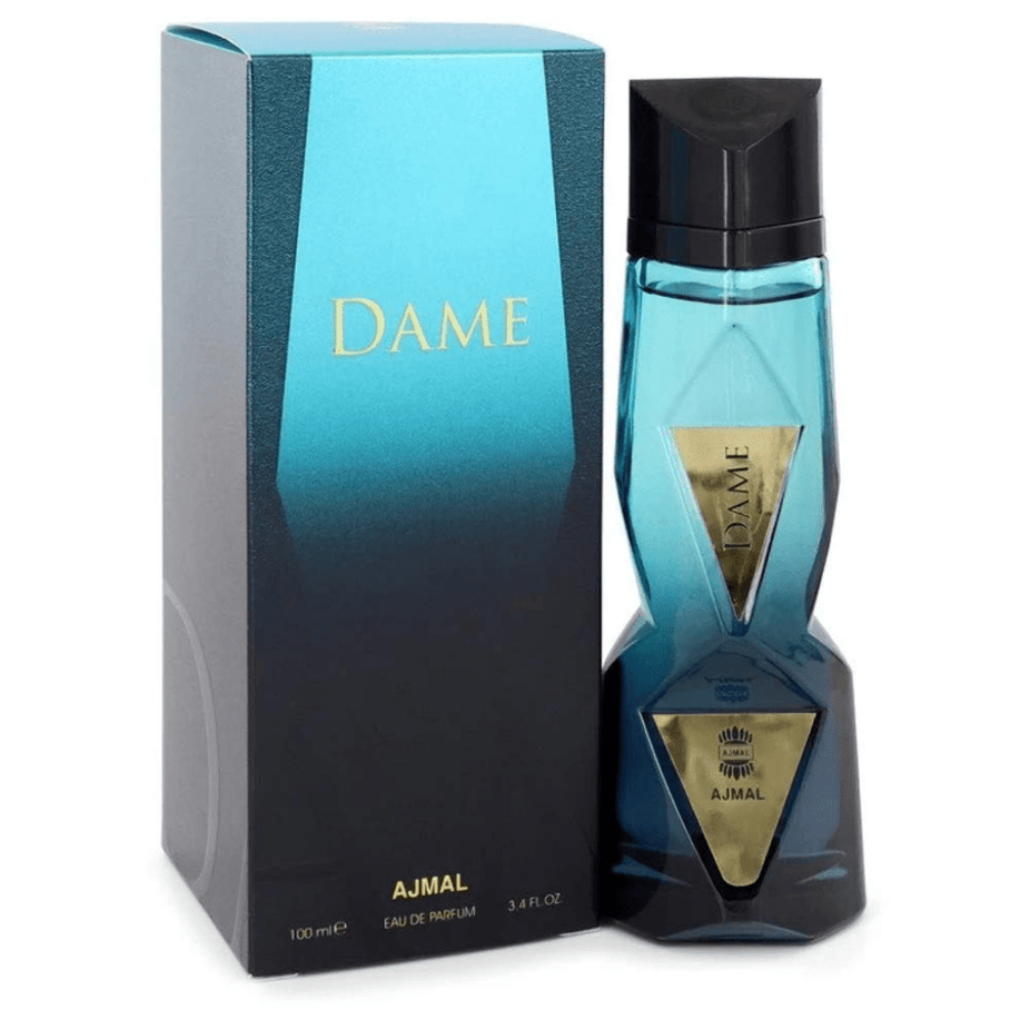 Ajmal Dame for Women EDP bottle, 100 mL (3.4 oz), elegant perfume bottle with floral and oriental design elements.