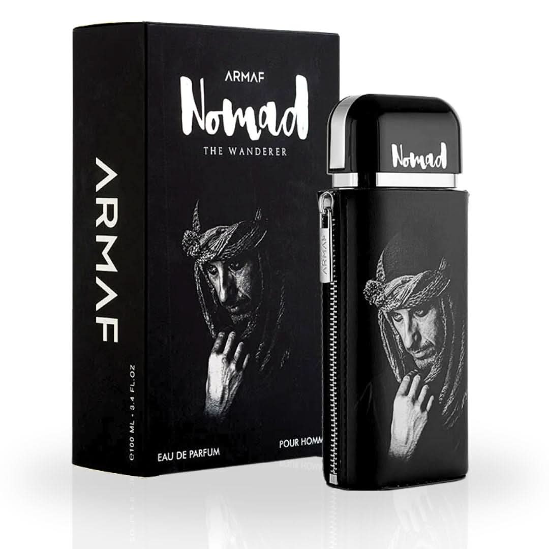 Armaf Nomad The Wanderer Pour Homme EDP spray 100ml, a luxurious masculine fragrance with a sleek bottle design.