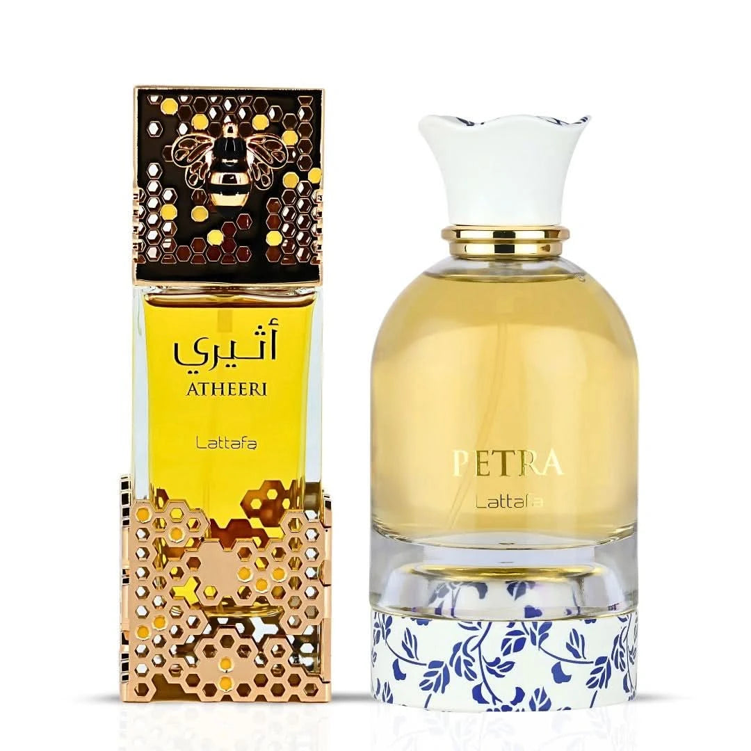 Lattafa Atheeri & Petra Eau de Parfum sprays bundle, 100ml each, shown in sleek bottles with elegant caps.