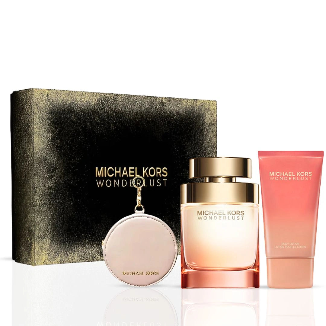 Michael Kors Wonderlust 3Pc Gift Set (3.4oz EDP Spray, 3.4oz Body Lotion, Round Purse) | Every Spritz, A First-Class Escape - Intense Oud