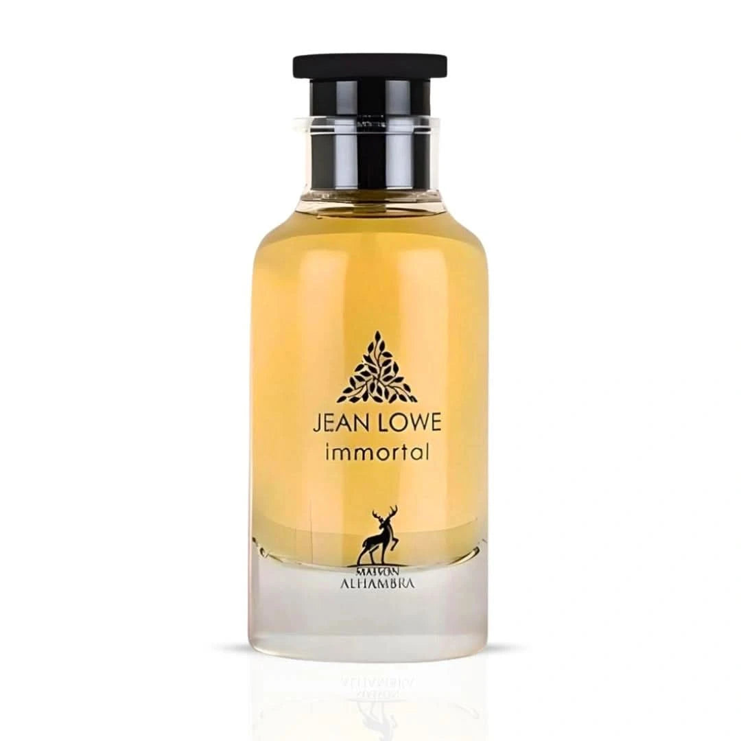 Maison Alhambra Jean Lowe Immortal Eau de Parfum spray 100ml in velvet pouch, featuring elegant glass bottle and fragrance details.