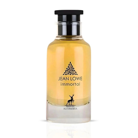 Maison Alhambra Jean Lowe Immortal Eau de Parfum spray 100ml in velvet pouch, featuring elegant glass bottle and fragrance details.