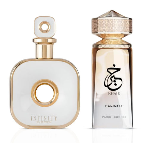 Infinity Gold 105ml (3.6 oz) by Armaf & Khair Felicity 100ml (3.4 oz) by Paris Corner Eau de Parfum Sprays (Bundle)