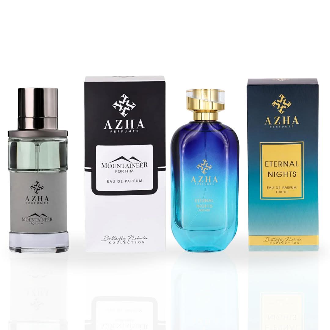 Azha Mountaineer for Him and Eternal Nights for Her 100ml perfume spray bundle, featuring elegant fragrance bottles.