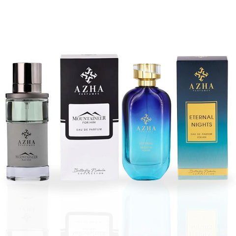 Azha Mountaineer for Him and Eternal Nights for Her 100ml perfume spray bundle, featuring elegant fragrance bottles.