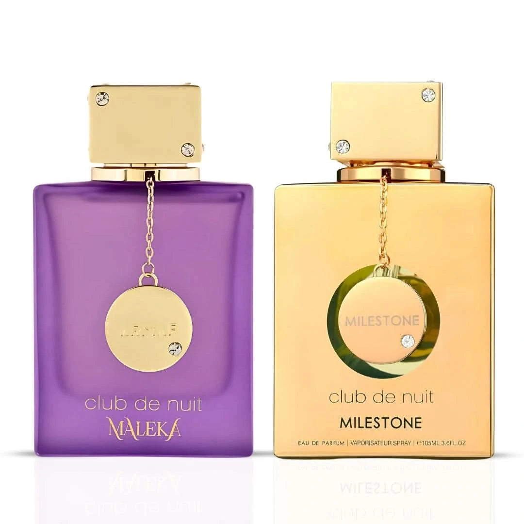 Armaf Club De Nuit Maleka and Milestone Eau de Parfum spray bundle, 105ml, featuring two elegant perfume bottles on a white background.