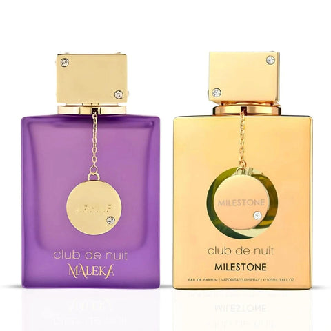 Armaf Club De Nuit Maleka and Milestone Eau de Parfum spray bundle, 105ml, featuring two elegant perfume bottles on a white background.