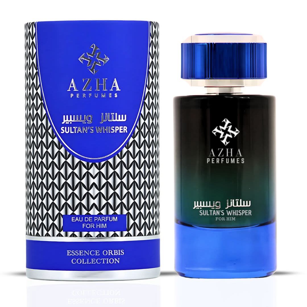 Azha Sultan's Whisper for Him Eau de Parfum spray 100ml, featuring elegant bottle design and luxurious fragrance.