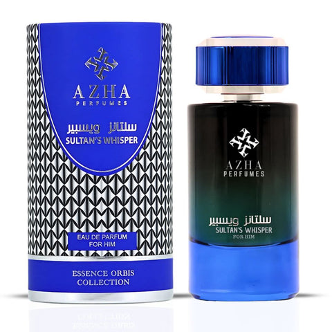 Azha Sultan's Whisper for Him Eau de Parfum spray 100ml, featuring elegant bottle design and luxurious fragrance.