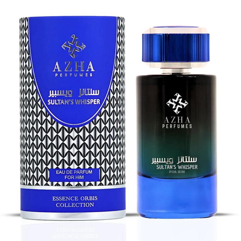 Azha Sultan's Whisper for Him Eau de Parfum spray 100ml, featuring elegant bottle design and luxurious fragrance.