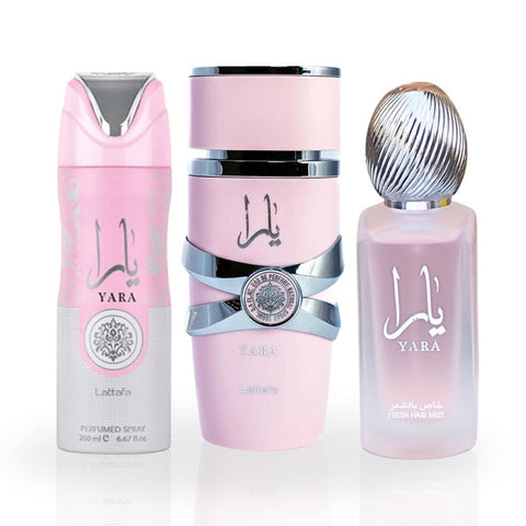 Lattafa Yara EDP perfume spray, hair mist and perfumed spray bundle, 200ML total with elegant packaging and spray nozzles.