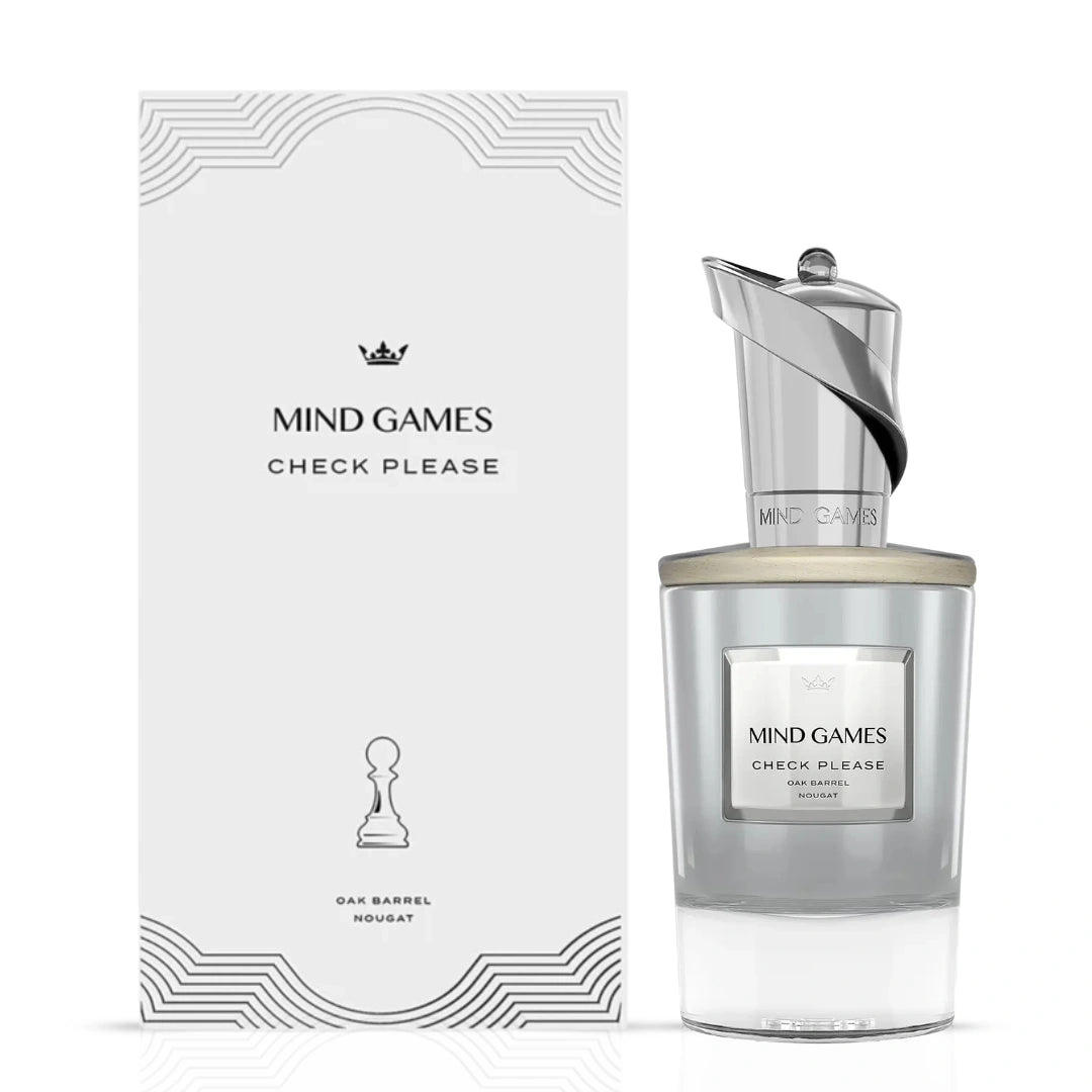Check Please Extrait de Parfum by Mind Games, 100ml EDP bottle with elegant packaging and dark-colored cap.