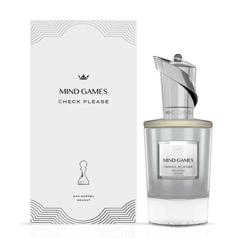 Check Please Extrait de Parfum by Mind Games, 100ml EDP bottle with elegant packaging and dark-colored cap.