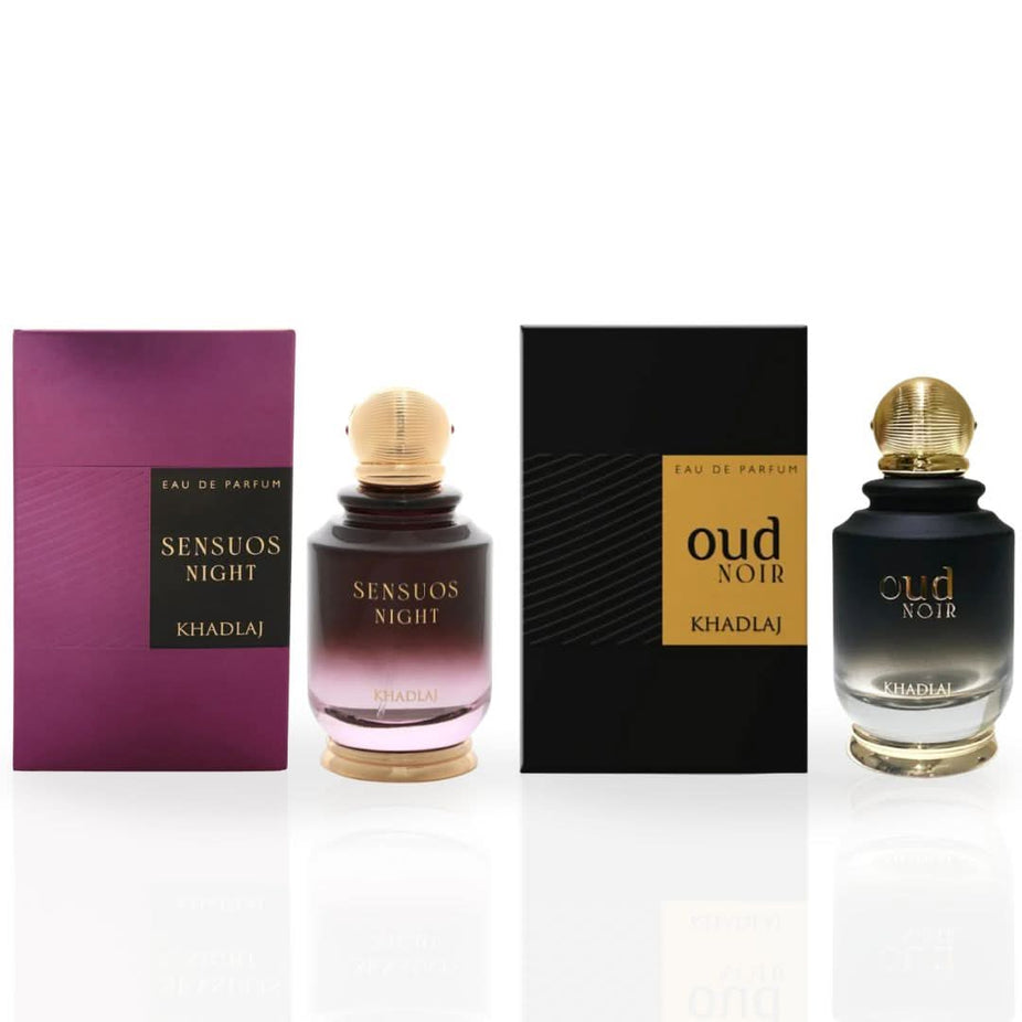 Khadlaj Sensuos Night & Oud Noir Eau de Parfum spray bottle, 100ml, with elegant black and gold design.
