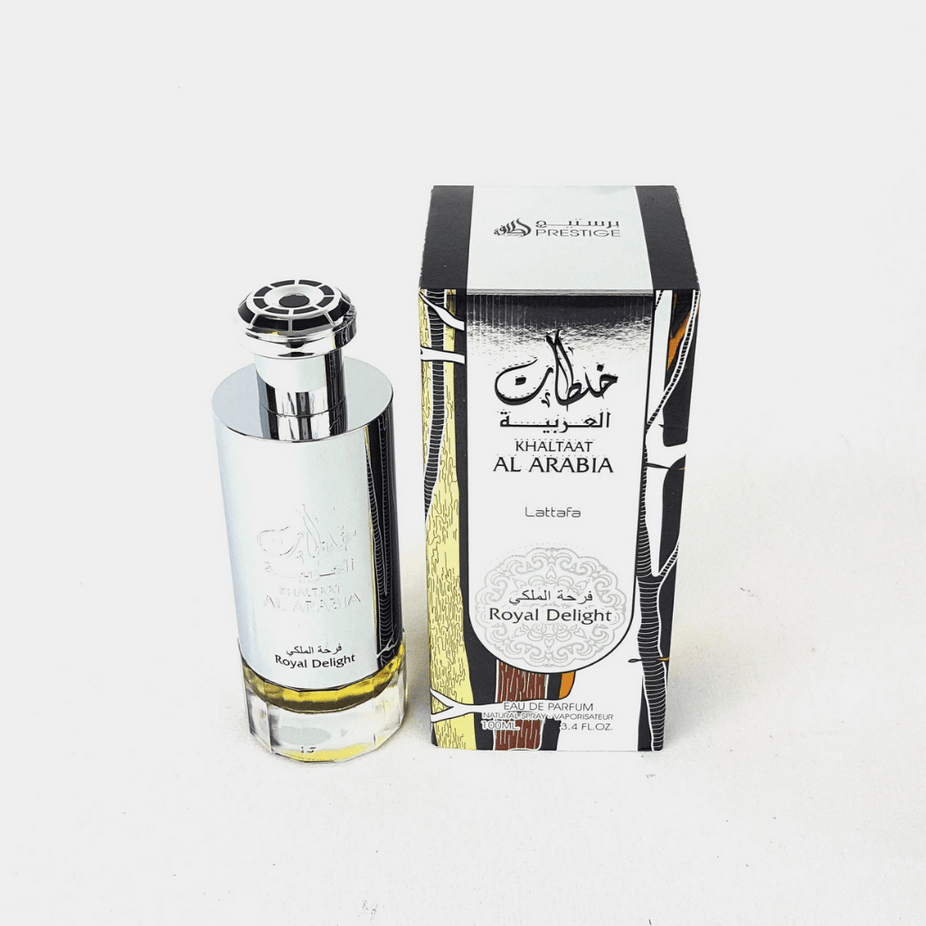 Lattafa Khaltaat Al Arabia Royal Delight Eau De Parfum 100ML bottle with elegant gold and floral design.