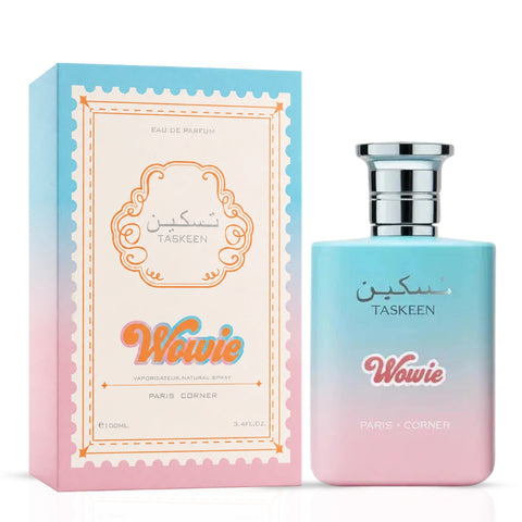 Taskeen Wowie Eau de Parfum spray by Paris Corner, 100ml bottle with elegant design and floral fragrance.