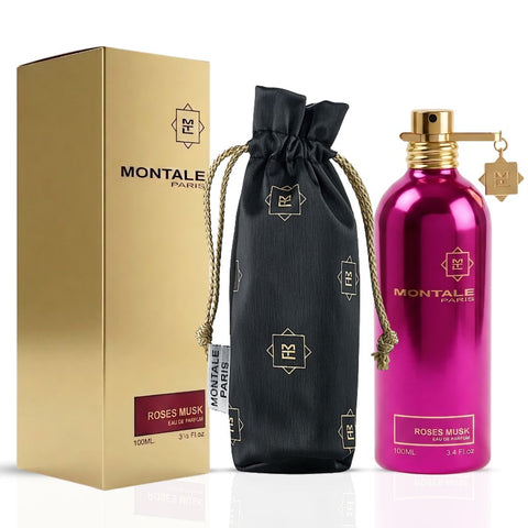 Montale Roses Musk Eau de Parfum spray 100ml bottle with elegant floral design and sleek packaging.