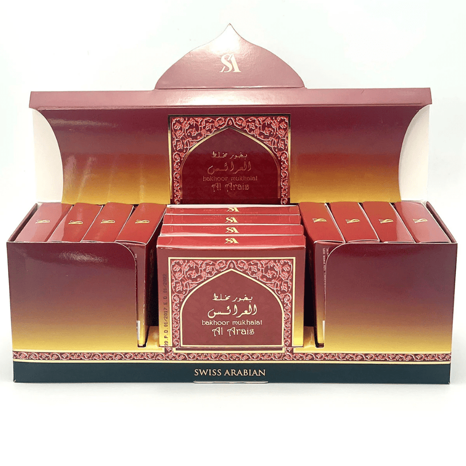 Bakhoor Mukhalat Al Arais by Swiss Arabian, 40 GM, showing fragrant bakhoor incense pieces in a decorative container.