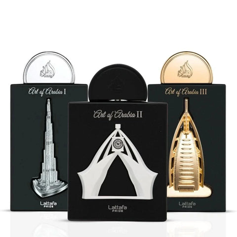Lattafa Art Of Arabia Eau de Parfum Spray bundle with three 100ml bottles, featuring elegant bottles and Arabic-inspired designs.