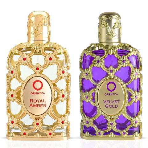 Orientica Royal Amber & Velvet Gold Eau de Parfum spray bottle, 80ml, with elegant gold and amber design.