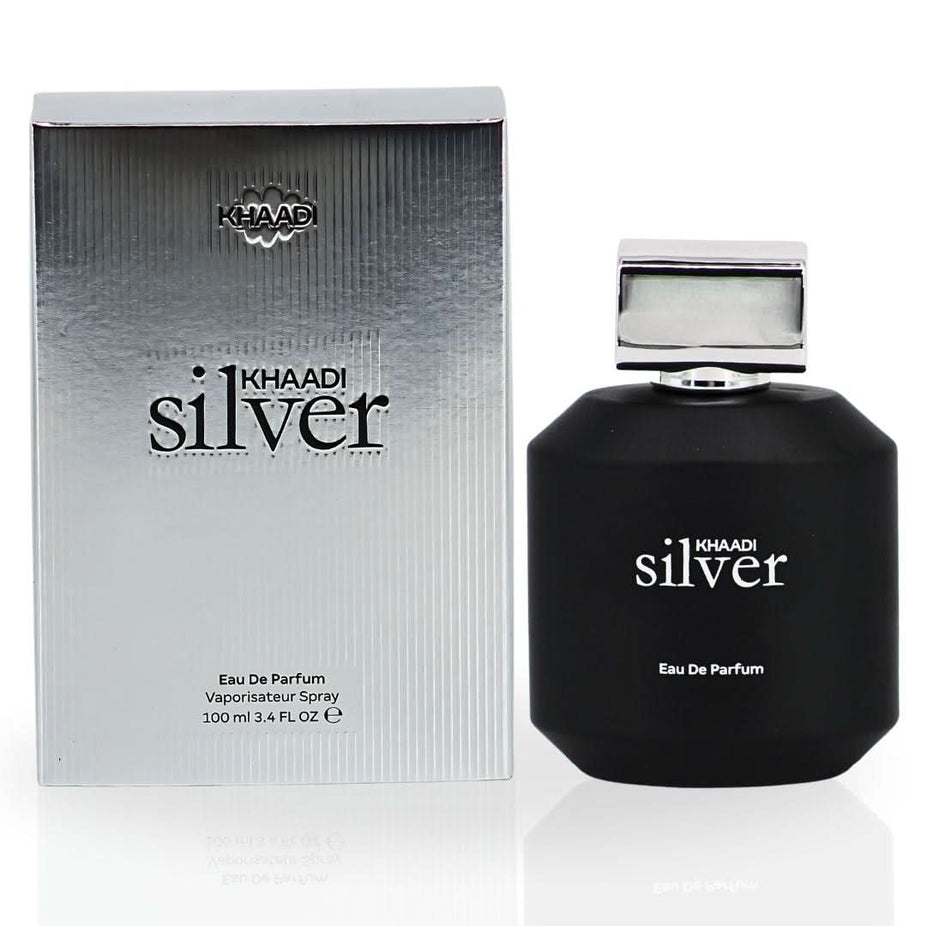Silver Khaadi Eau de Parfum spray bottle, 100ml, with sleek silver packaging and elegant design for women.