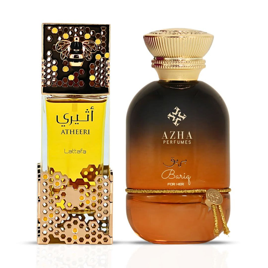 Bundle of Atheeri by Lattafa and Bariq by Azha Eau de Parfum sprays, 100ml, featuring elegant perfume bottles.