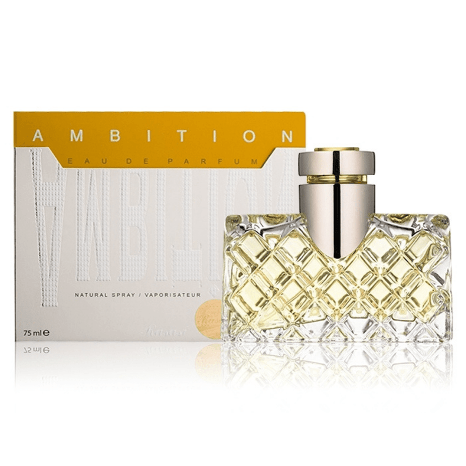 Rasasi Ambition for Women 75ml Eau De Parfum bottle with elegant floral design and gold accents.