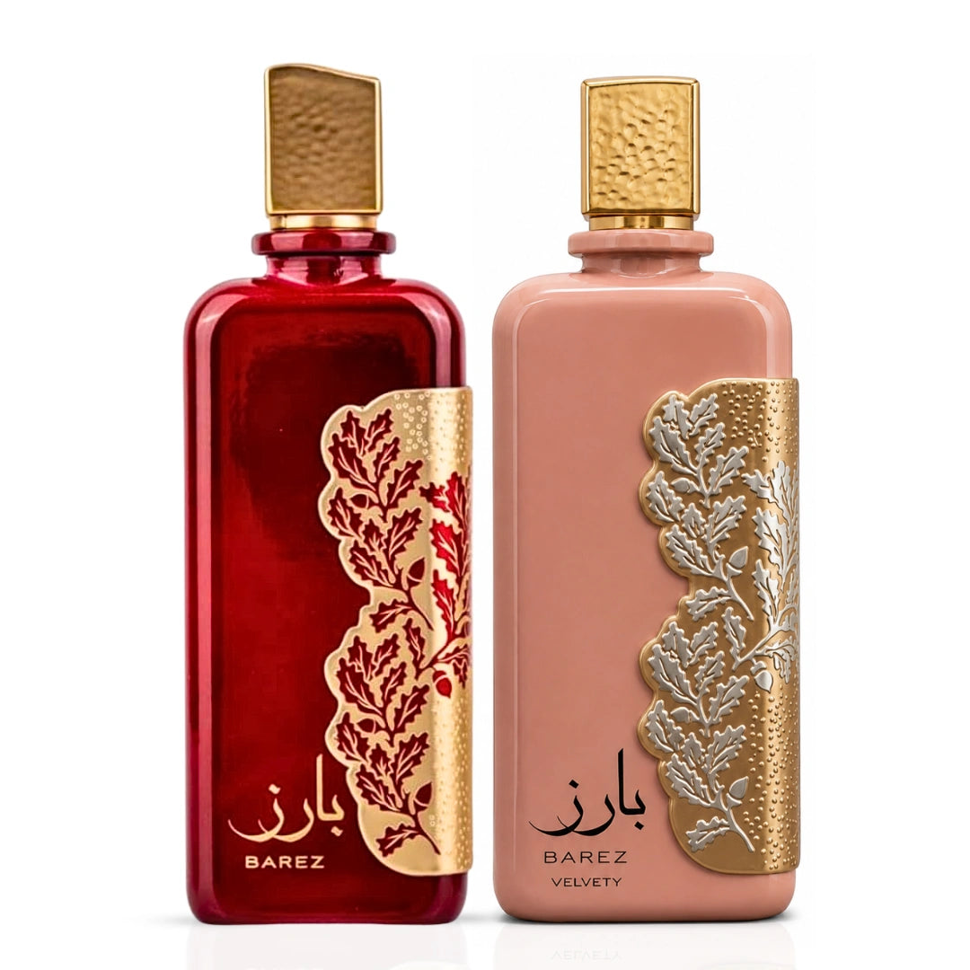 Bundle of Ard Al Zaafaran Barez & Barez Velvety Eau de Parfum sprays, 100ml each, featuring elegant perfume bottles.
