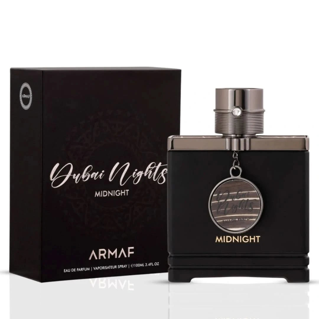 Armaf Dubai Nights Midnight Eau de Parfum spray 100ml with a sleek black and gold bottle, elegant design, and floral scent notes