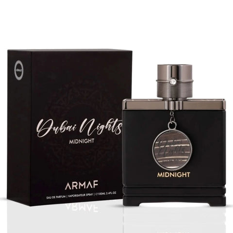 Armaf Dubai Nights Midnight Eau de Parfum spray 100ml with a sleek black and gold bottle, elegant design, and floral scent notes