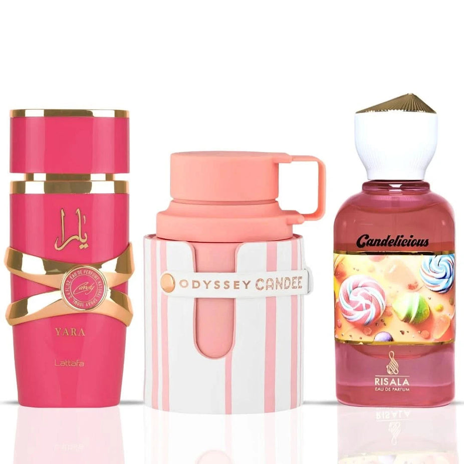 Bundle of three 100ml Eau de Parfum sprays featuring Yara Candy by Lattafa, Odyssey Candee by Armaf, and Candelicious by Risala.