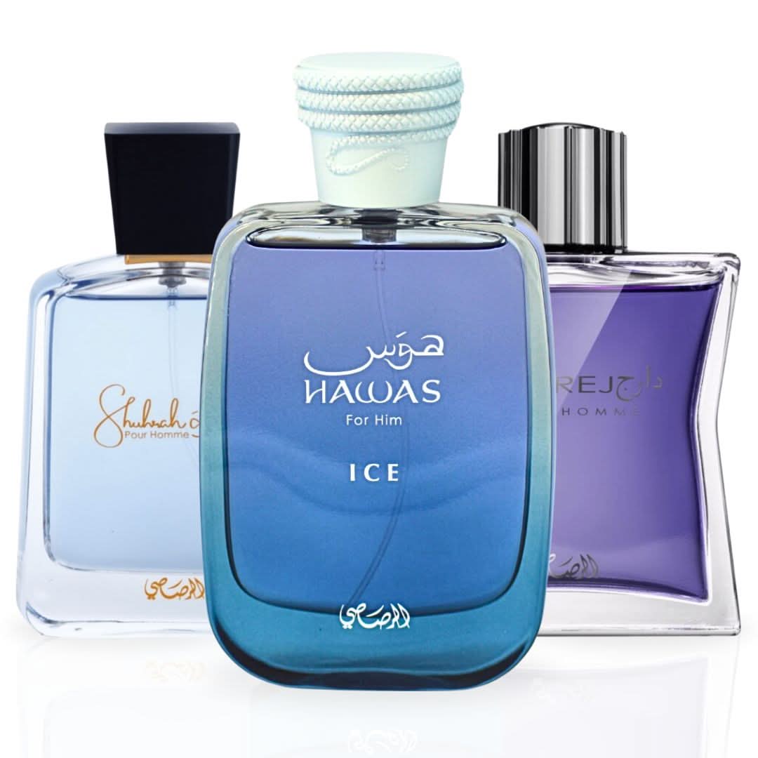 Rasasi Hawas Ice, Daarej, and Shuhrah men's Eau de Parfum bundle with three spray bottles on a neutral background.
