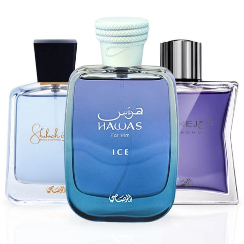 Rasasi Hawas Ice, Daarej, and Shuhrah men's Eau de Parfum bundle with three spray bottles on a neutral background.