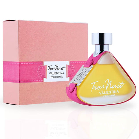 Armaf Tres Nuit Valentina Pour Femme EDP spray 100ML, elegant perfume bottle with a sleek design on a neutral background.