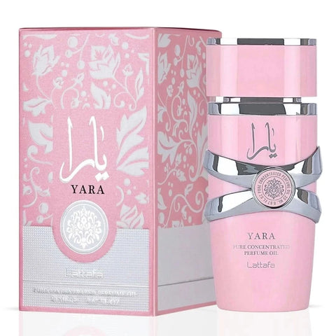 Lattafa Yara Concentrated Perfume Oil 20ml bottle with elegant packaging and a sleek, dark-colored container.