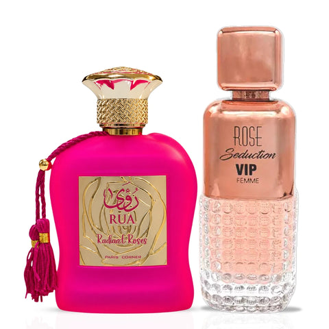 Bundle of Rose Seduction VIP Pour Femme and Radiant Roses Eau de Parfum sprays by Intense Oud, featuring floral perfume bottles.