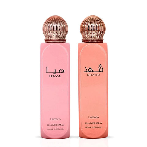 Lattafa Haya & Shahd All Over Spray bundle with two 150ml bottles, featuring floral and sweet fragrance designs.