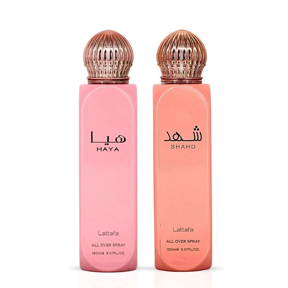 Lattafa Haya & Shahd All Over Sprays bundle, 150ml each, featuring colorful bottles with floral and elegant design elements.