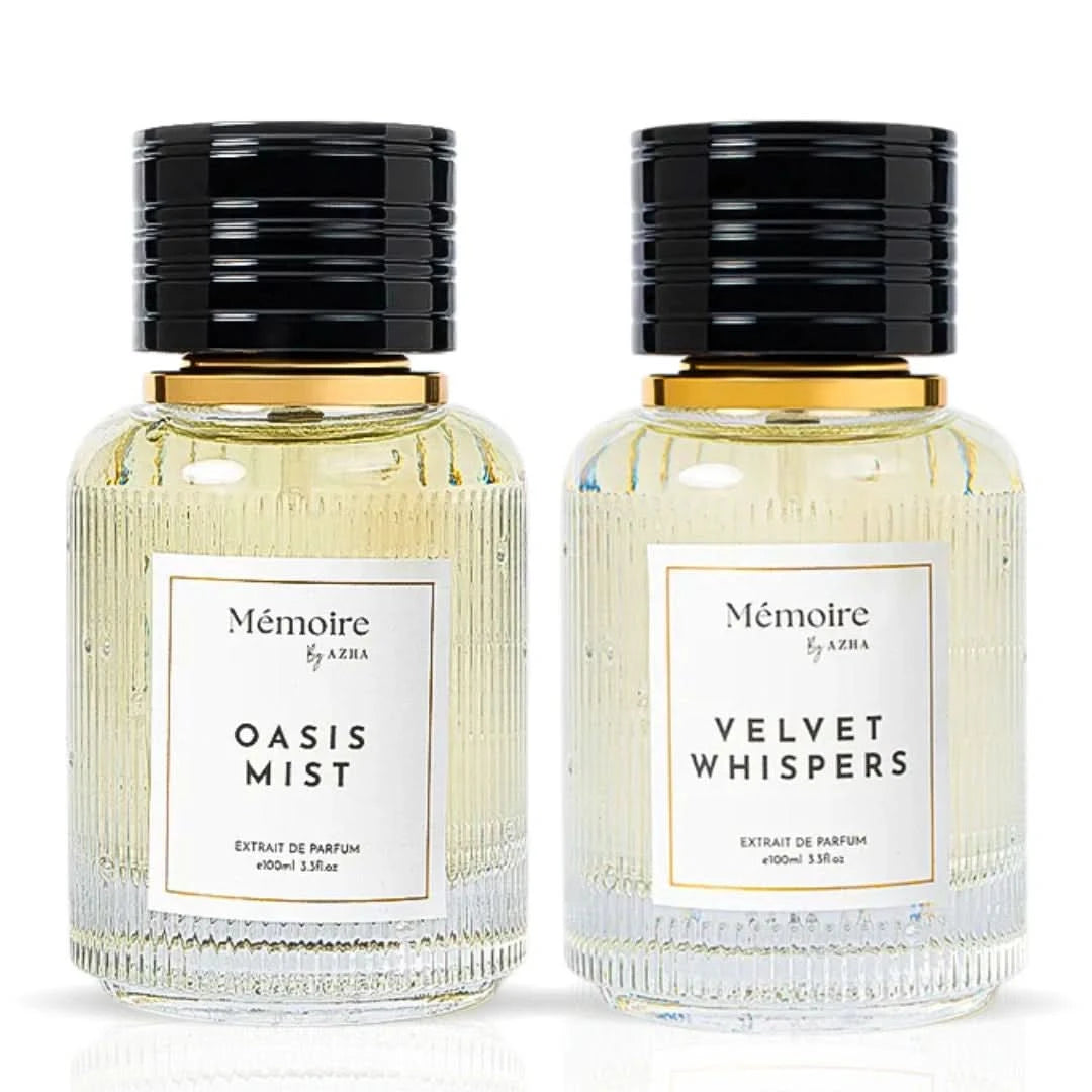 AZHA Oasis Mist & Velvet Whispers perfume spray bundle from Memoire Collection, featuring elegant 100ml bottles.