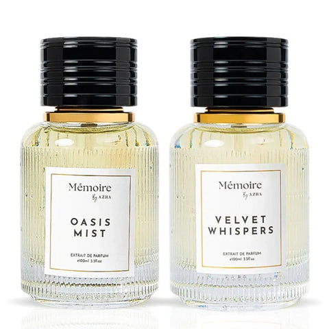 AZHA Oasis Mist & Velvet Whispers perfume spray bundle from Memoire Collection, featuring elegant 100ml bottles.