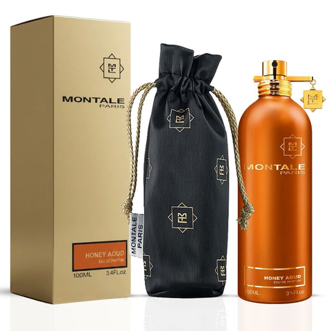 Montale Honey Aoud Eau de Parfum spray, 100ml, featuring a luxurious bottle with honey and oud scent notes.
