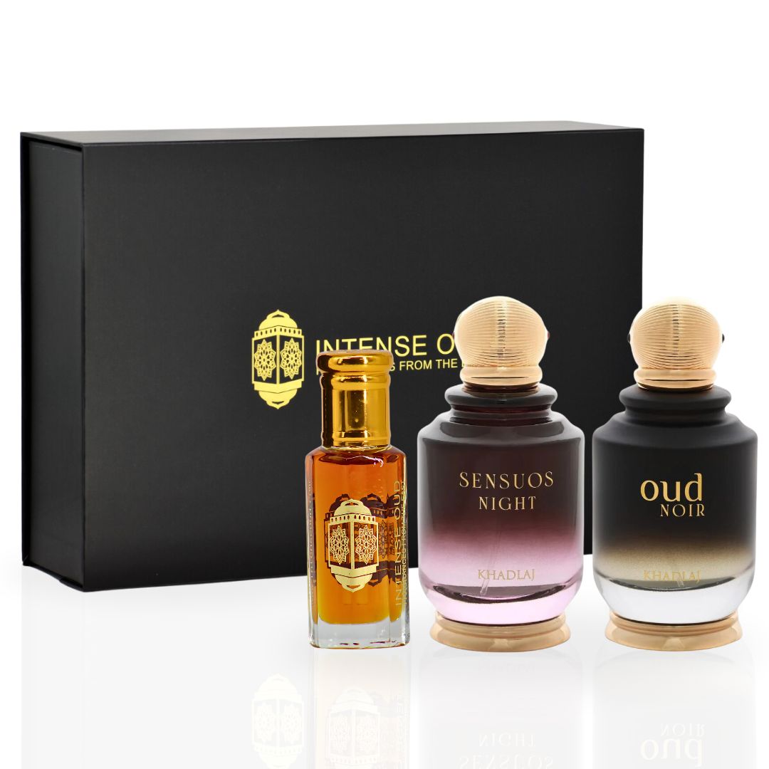 Sensuos Night EDP Spray 100ML (3.4OZ), Oud Noir EDP Spray 100ML (3.4OZ), Nouf Perfume Oil 12ML (0.4 OZ) With Magnetic Gift Box | Unveil Your Allure With These Fragrances. - Intense Oud