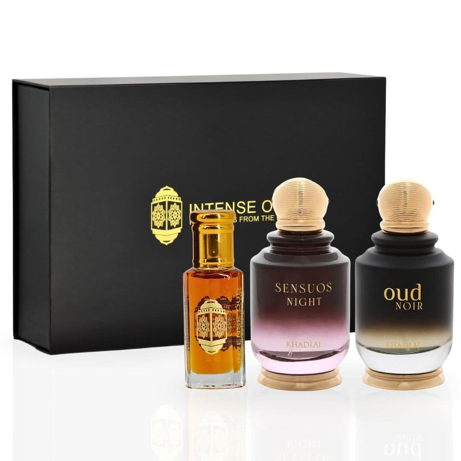 Intense Oud Sensuos Night Oud Noir gift set featuring 100ml Eau de Parfum spray, 12ml perfume oil, in a magnetic gift box.