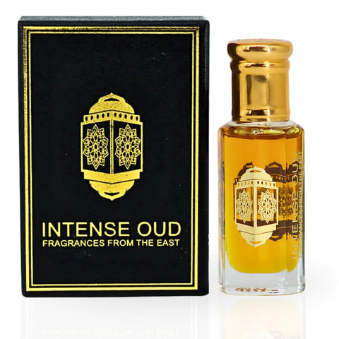 Intense Oud Chant 5 Perfume Oil 12ml in a black gift box, featuring a clear glass bottle with a black cap and elegant branding.