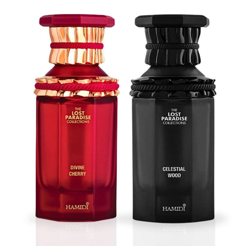 Hamidi Divine Cherry & Celestial Wood Eau de Parfum bundle with two 100ml spray bottles featuring elegant packaging.