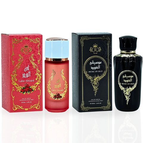 Risala bundle featuring Lahn Alward 75ml and Music Of Oud 100ml Eau de Parfum sprays in elegant bottles.