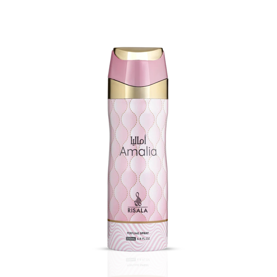 Risala Amalia perfumed body spray 200ml deodorant bottle with floral design and spray nozzle.