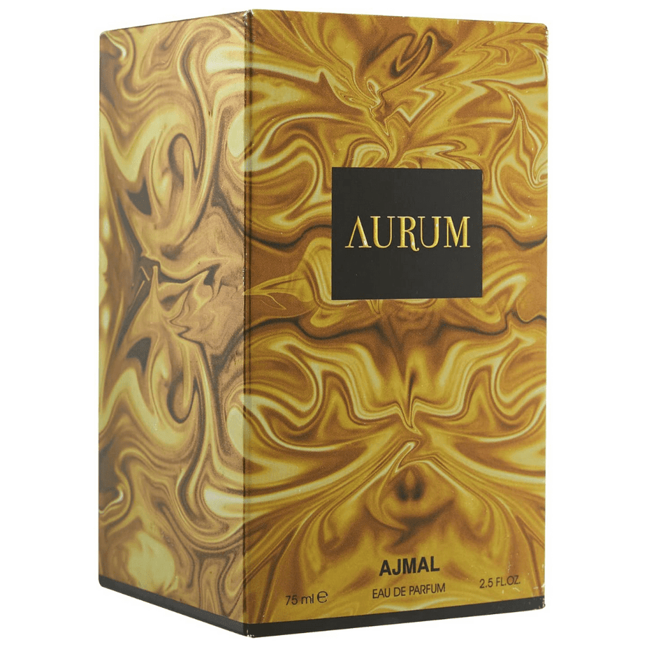 Aurum for Women Eau De Parfum by Ajmal in a 75ML bottle, elegant packaging with floral and fruity scent notes.